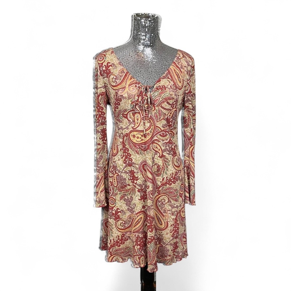 Vintage‎ Y2K Boho Paisley Tie Front Flare Sleeve Mini Dress Large Cottagecore